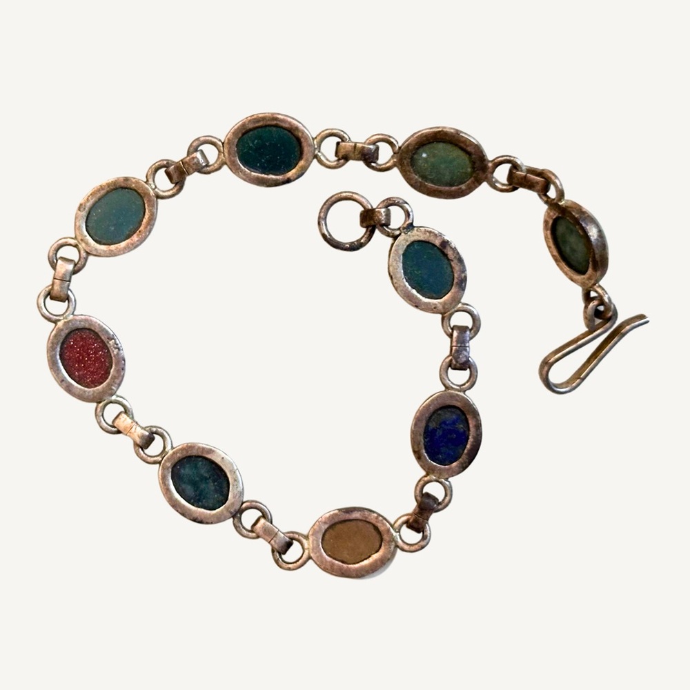 Antique Sterling Multi-Gemstone Link Bracelet - Jade, Onyx, Sunstone - Picture 3 of 4